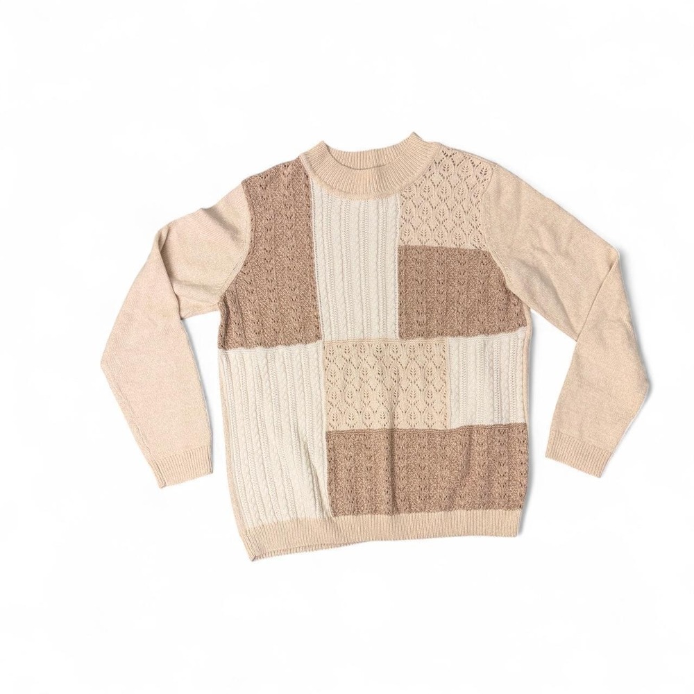 NWOT Alfred Dunner cream & tan patchwork‎ knit sweater cotton blend M petite